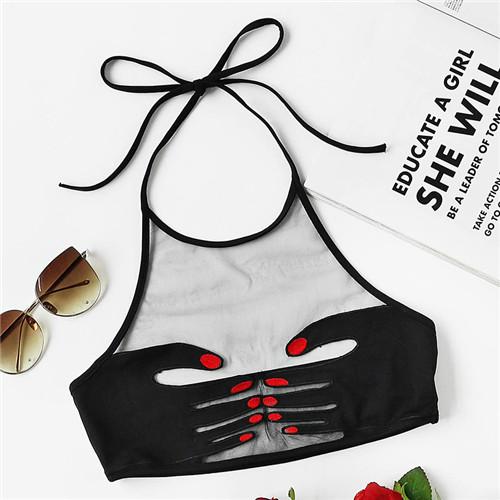 Black Hand Halter Neck Mesh Bralette Crop Top